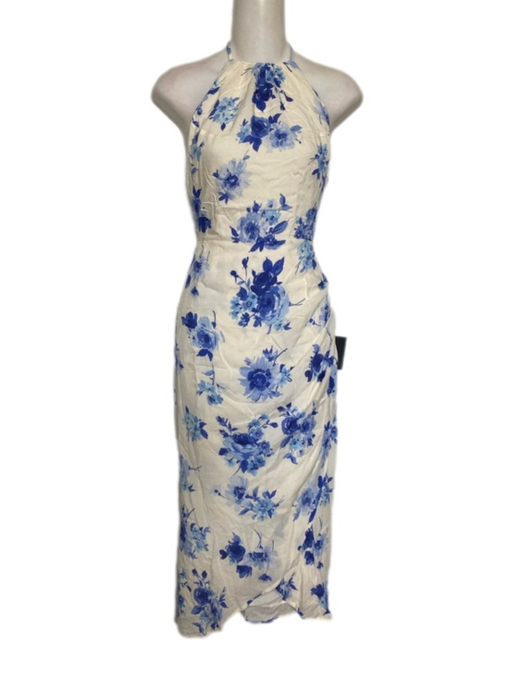 NWT Lulu’s Blooming Favorite Off White and Blue Floral Tulip Halter Midi Dress